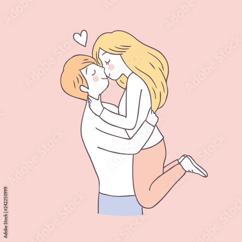 Cartoon cute Valentines day couple kiss vector.
