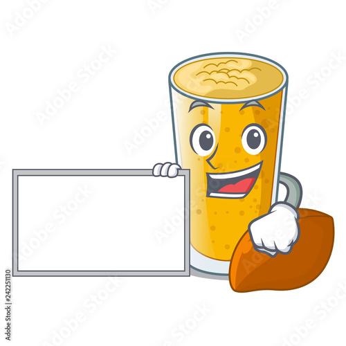 With board lassi mango in a cartoon glass