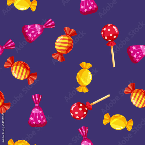 Seamless pattern of colored chocolates in a pack, caramel, chocolate. Cute ornament for packaging, fabric, background, banner, poster, vector, illustration, isolated, cartoon style