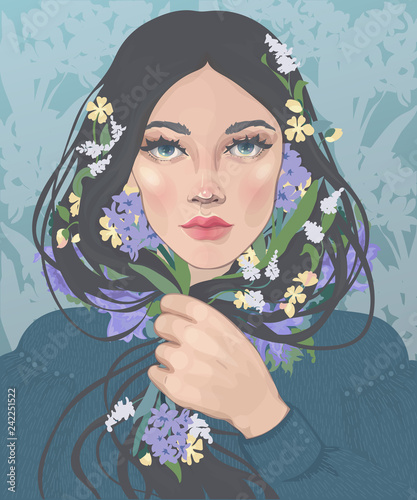 vector  of a beautiful dark-haired girl with blooming spring flowers in curls