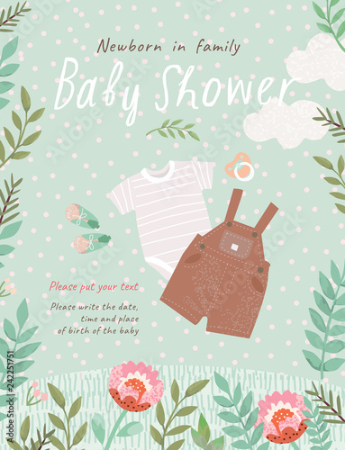 Baby Shower Invitation template with cute illustration of baby clothes for a child: slip, romper, booties, nipple in a flower frame, vector objects for congratulations on a newborn