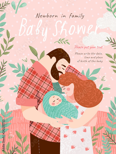 Baby Shower Invitation template with cute illustration of a happy family with a small baby in a flower frame, vector objects for congratulations on a newborn