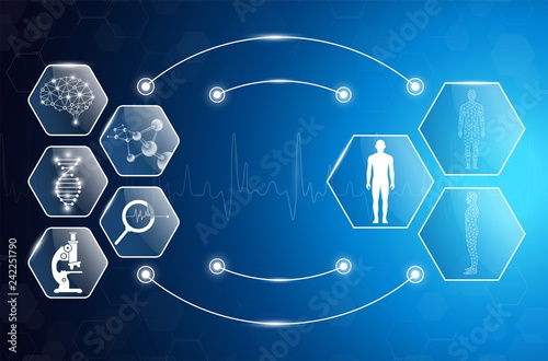 abstract background technology concept in blue light,brain and human body heal ,technology modern medical science in future and global international medical with tests analysis clone DNA human