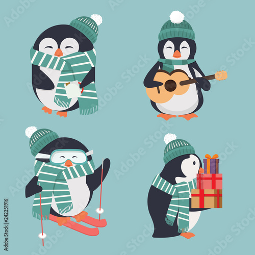 Cute penguin wearing green hat and scarf set