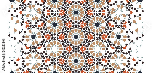 Arabesque seamless vector pattern. Geometric halftone texture with color tile disintegration or breaking