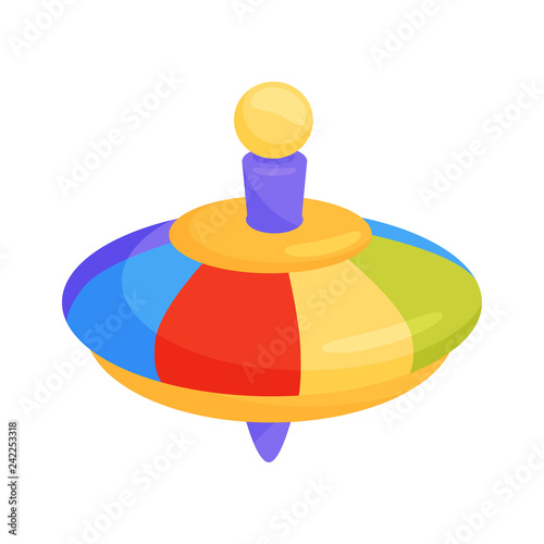 Flat vector icon of children whirligig toy. Plastic rainbow-colored humming top