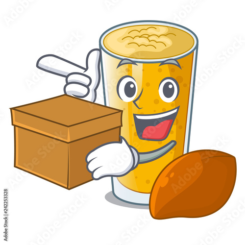 With box lassi mango in a cartoon bottle