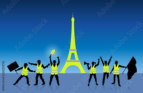 Yellow vests protest in Paris France in front of Eiffel Tower