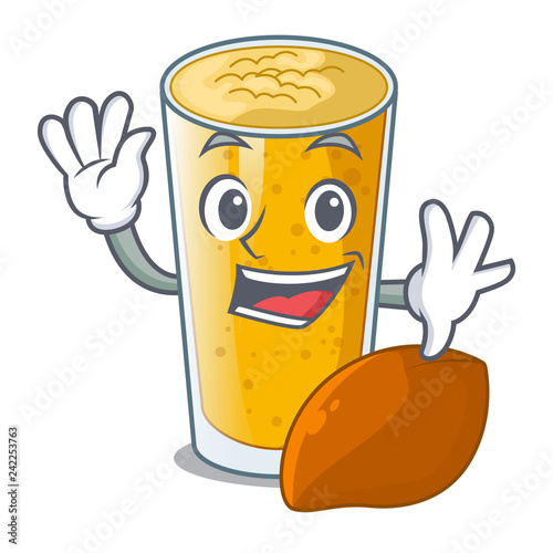 Waving lassi mango in a cartoon bottle