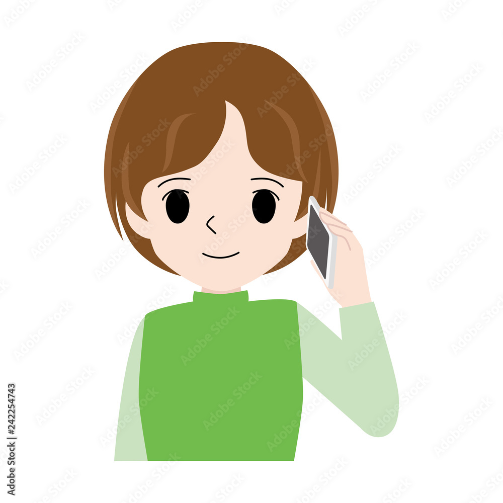 Illustration of a woman smiling while speaking on a smartphone. Illustration of a woman smiling while speaking on a smartphone.