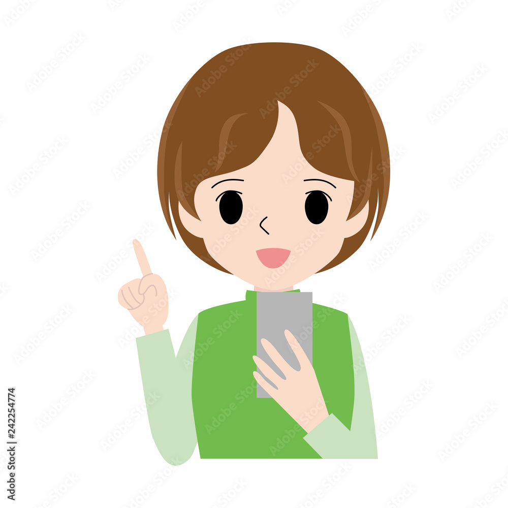 Illustration of a woman holding a smartphone with her forefinger up. Illustration of a woman holding a smartphone with her forefinger up.