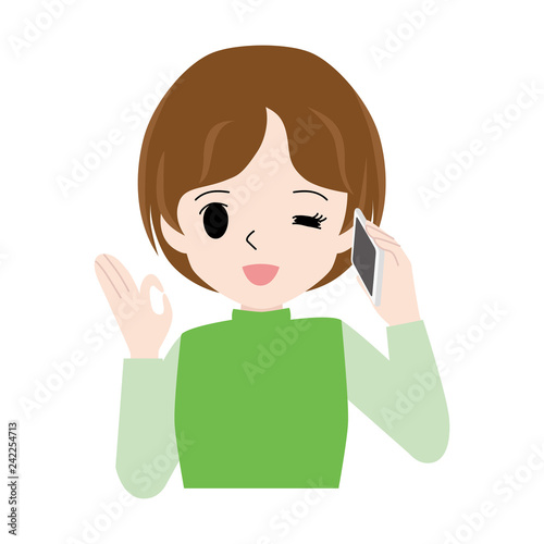 Illustration of a woman talking on a smartphone while giving an okay sign.