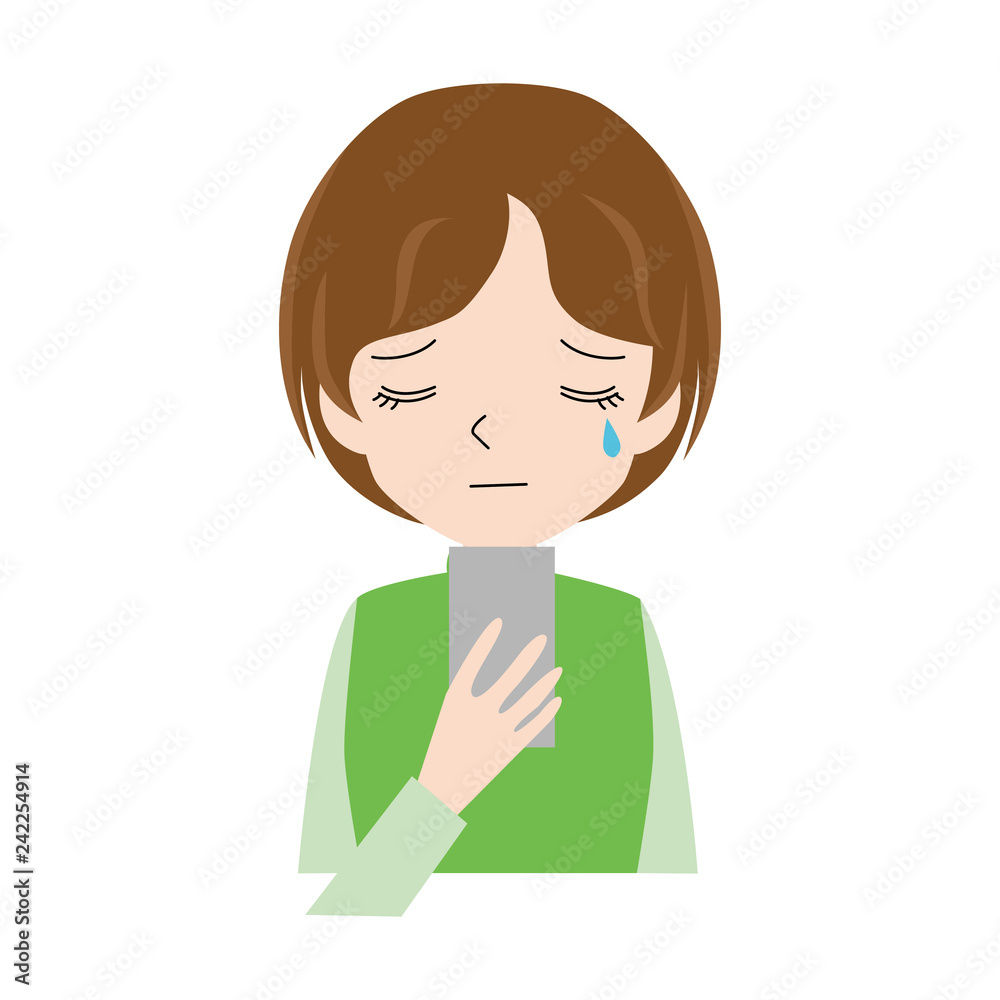 Illustration of a woman who cries watching a smartphone.