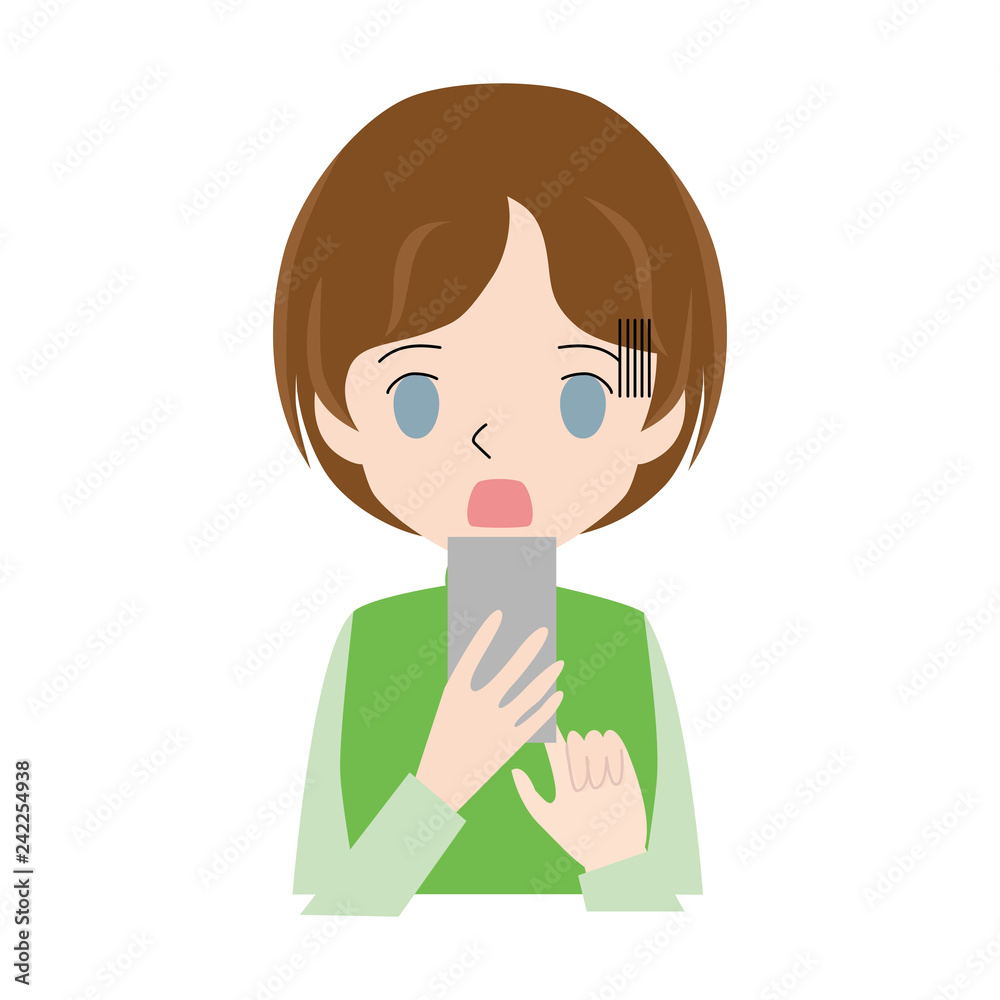 Illustration of a woman who uses a smartphone with a surprised face. Illustration of a woman who uses a smartphone with a surprised face.
