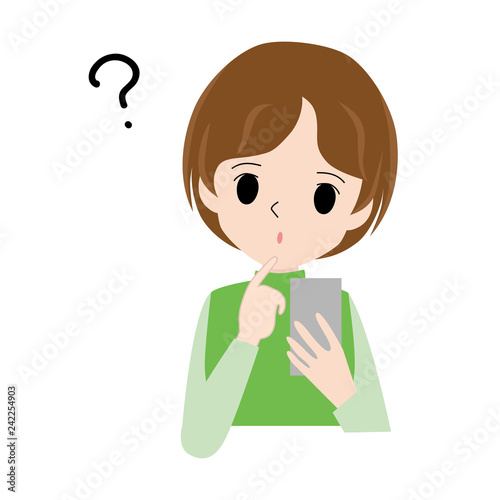 Illustration of a woman who uses smartphones in doubtful gestures.