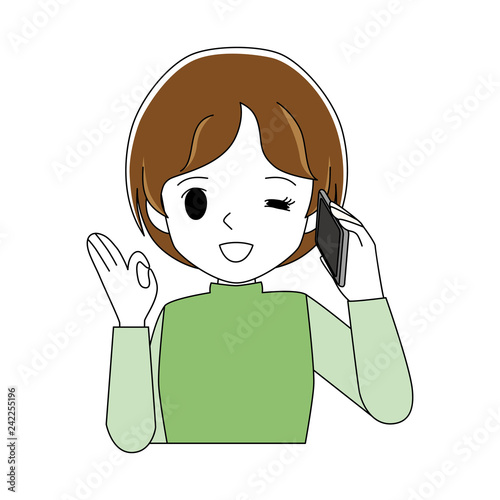 Illustration of a woman talking on a smartphone while giving an okay sign.