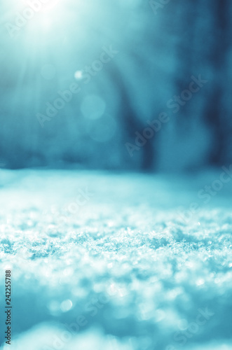 Sunny winter christmas background with snowdrift on a foreground and blurred forest landscape on a background.