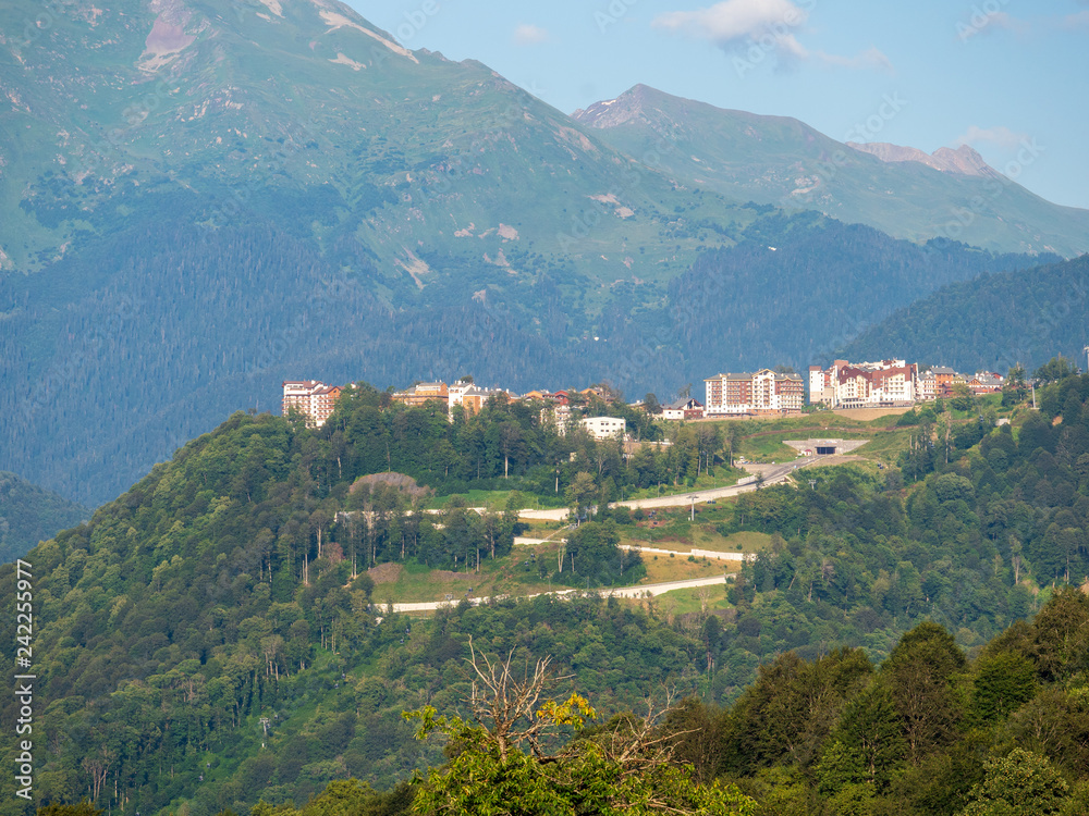 Hotel in the mountains among the green forest. Krasnaya Polyana, Sochi, Russia Hotel in the mountains among the green forest. Krasnaya Polyana, Sochi, Russia