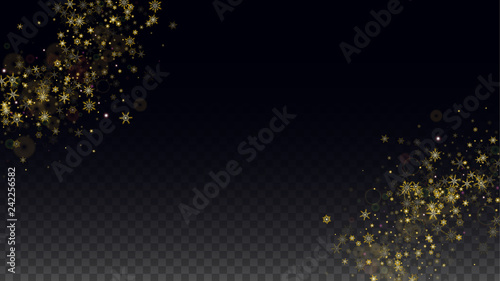 Christmas  Vector Background with Gold Falling Snowflakes Isolated on Transparent Background. Realistic Snow Sparkle Pattern. Snowfall Overlay Print. Winter Sky. Design for Party Invitation.