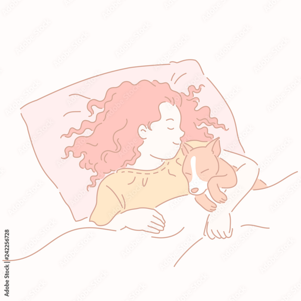 Girl hugging corgi in bed Girl hugging corgi in bed