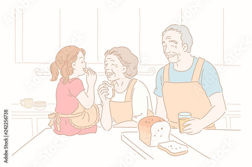 Grandparents and kid eating toast