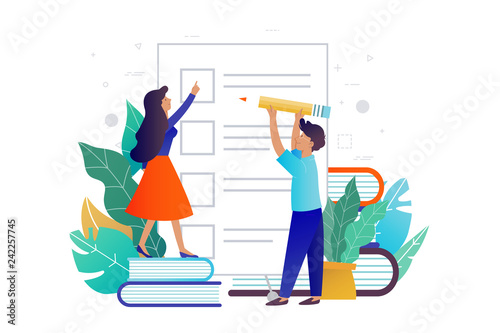 Planning. To-do list. The guy holds a pencil to fill out the form. A guy with a girlfriend will fill out a questionnaire. Vector illustration