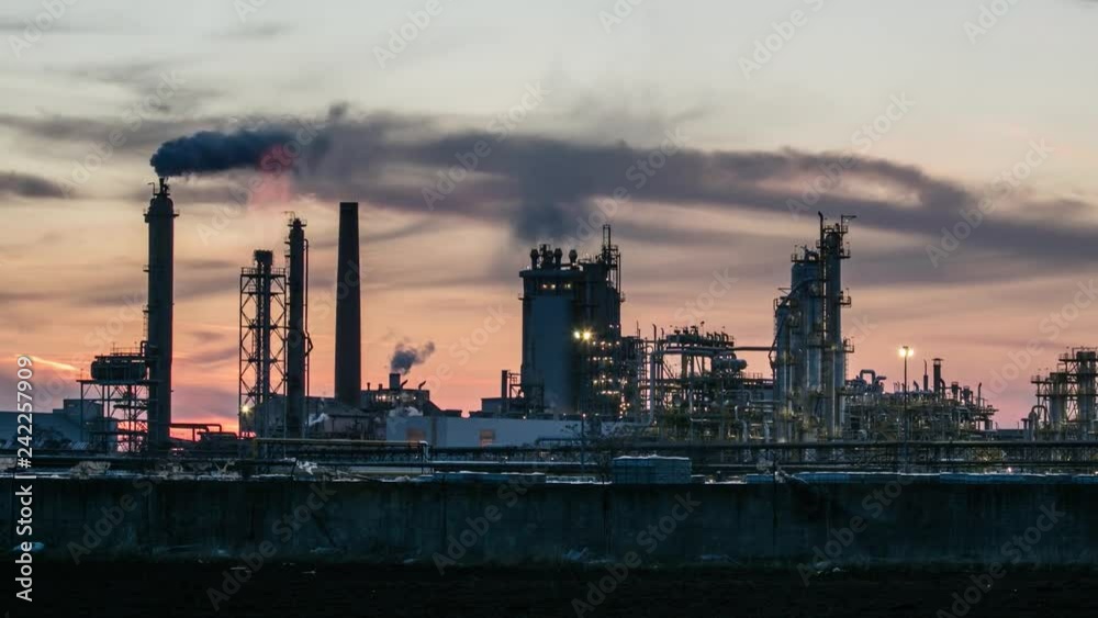 Oil Industry silhouette, Petrechemical plant - Refinery, Time lapse Oil Industry silhouette, Petrechemical plant - Refinery, Time lapse