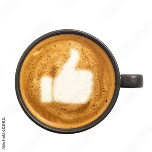 Cup of espresso with like sign on coffee foam isolated on white background. Top view