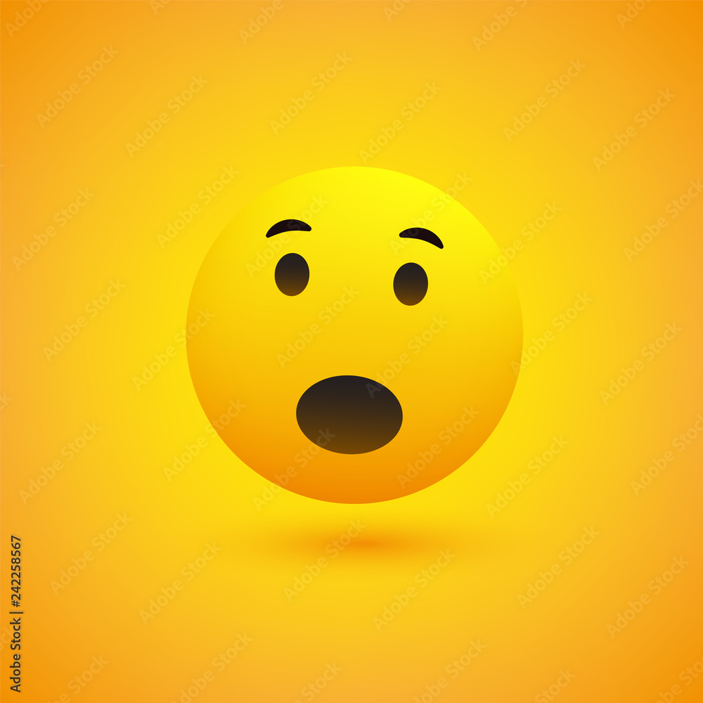 Surprised Face Emoji with Open Eyes - Simple Emoticon on Yellow Background - Vector Design Illustration 