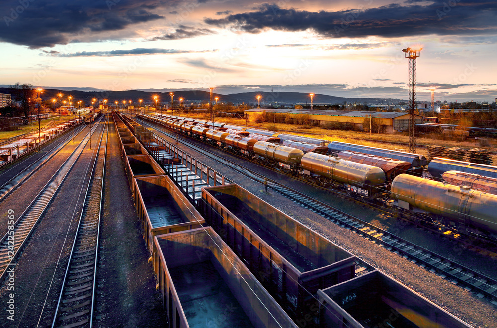Container Freight Train in Station, Cargo railway transportation industry Container Freight Train in Station, Cargo railway transportation industry