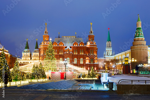 Moscow, Russia, Manezhnaya square. New Year and Christmas. Manezh square in Moscow was decorated with Christmas tree and decorative designs.