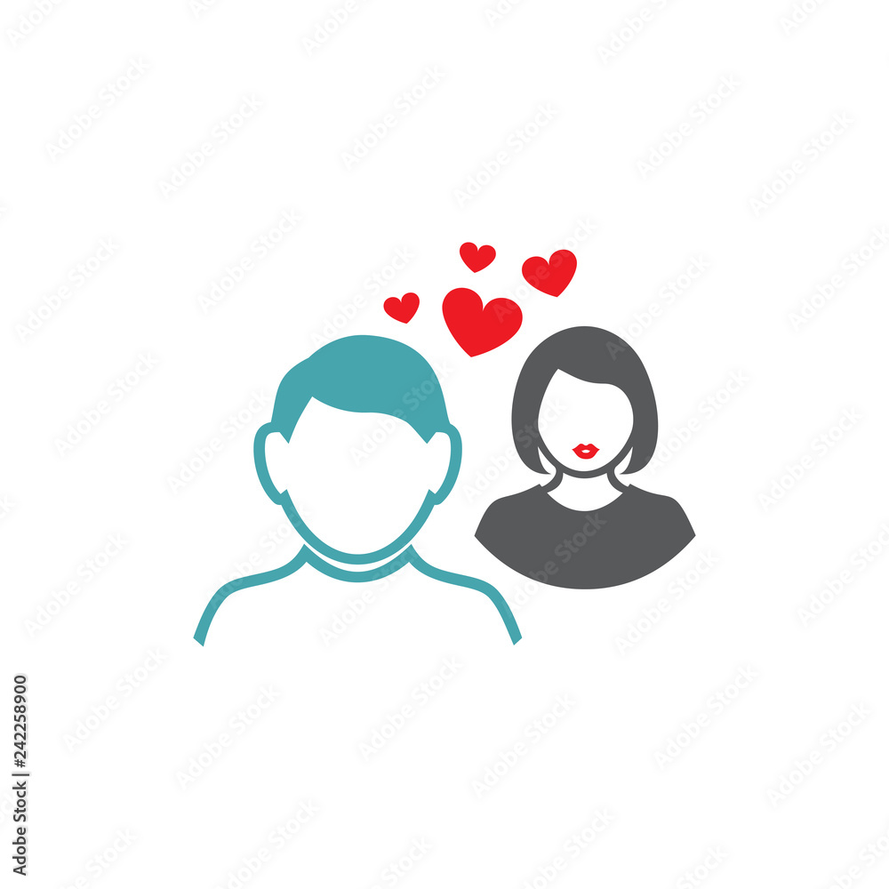Vector illustration between the guy and the girl four hearts. Set of vector symbols. Great mutual love. Happy family life after the wedding. Flat design Monochrome