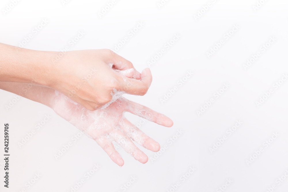 Asian woman hand are washing with soap bubbles on white background, Health and Lifestyle Concepts, Global Handwashing Day, hygienic practice