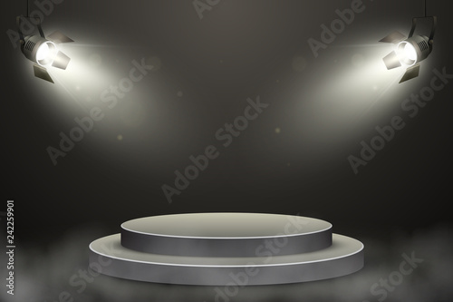 Round podium with backlight on abstract background with smoke, vector illustration