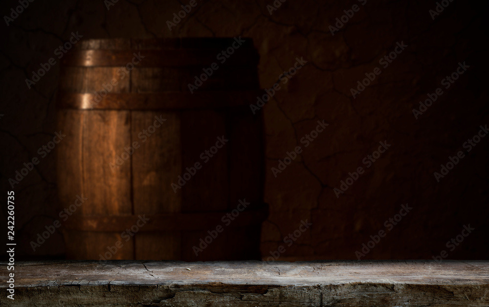 background of barrel and worn old table of wood background of barrel and worn old table of wood