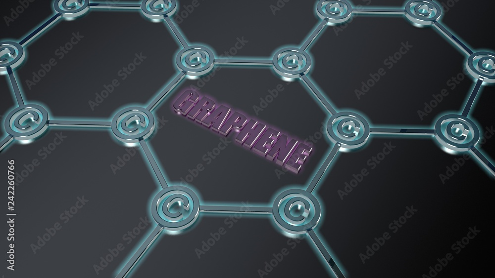 3D illustration of a graphene film, the formula of the nanostructures, atoms and symbols of carbon. Futuristic 3D background, scientific idea over the material. 3D rendering 3D illustration of a graphene film, the formula of the nanostructures, atoms and symbols of carbon. Futuristic 3D background, scientific idea over the material. 3D rendering