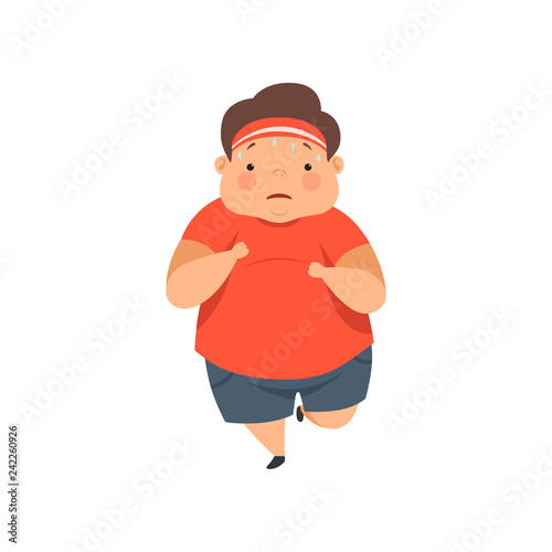 Overweight sweaty boy running, cute chubby child cartoon character vector Illustration on a white background
