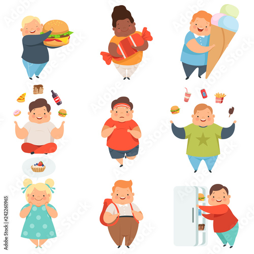 Overweight boys and girls set, cute chubby children cartoon characters with fast food vector Illustration on a white background