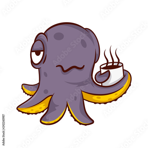 Purple humanized octopus holding cup of hot coffee. Sea creature with tentacles. Cartoon character. Vector icon