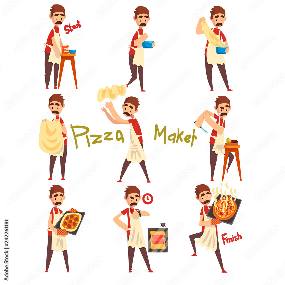 Stages of preparing pizza set, male chef kneading, tossing a dough, cutting vegetables and baking, pizza maker character vector Illustration