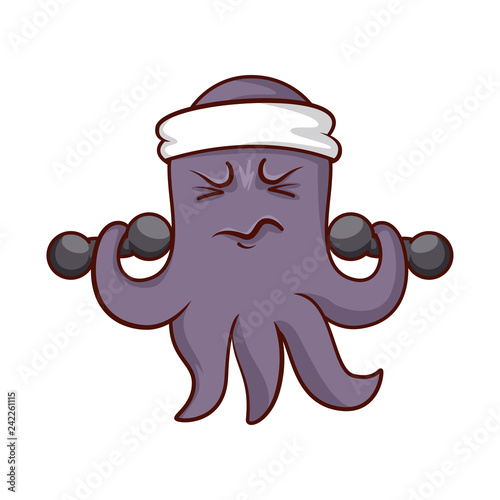 Funny purple octopus with headband on head, doing exercise with dumbbells. Humanized marine animal. Cartoon vector icon