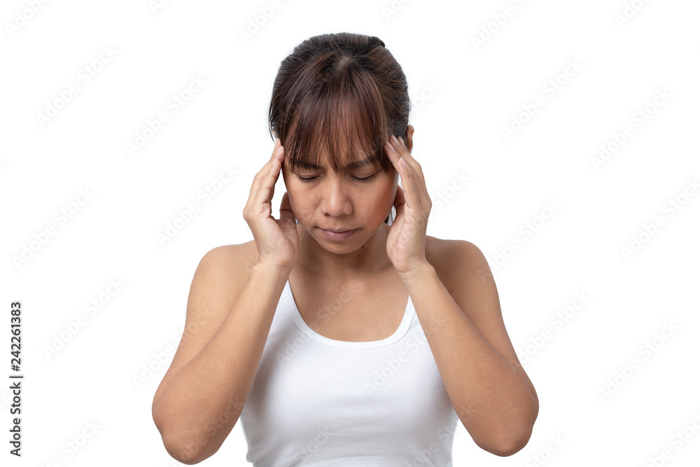 asian young woman suffering from headache on white background asian young woman suffering from headache on white background