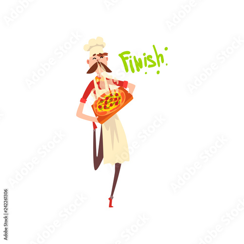 Pizza maker character with a tray with freshly cooked hot pizza, stage of preparing Italian pizza vector Illustration