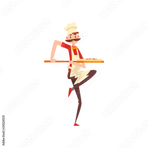 Chef carrying pizza on a stove shovel, pizza maker character, stage of preparing Italian pizza vector Illustration