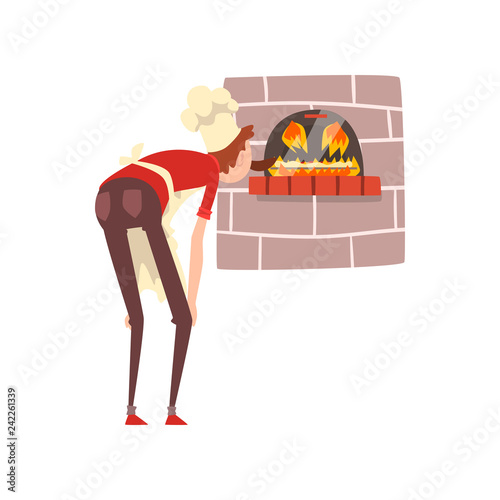 Chef coolking pizza in the furnace, pizza maker character, stage of preparing Italian pizza vector Illustration