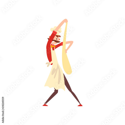 Pizza maker character kneading a dough, stage of preparing Italian pizza vector Illustration
