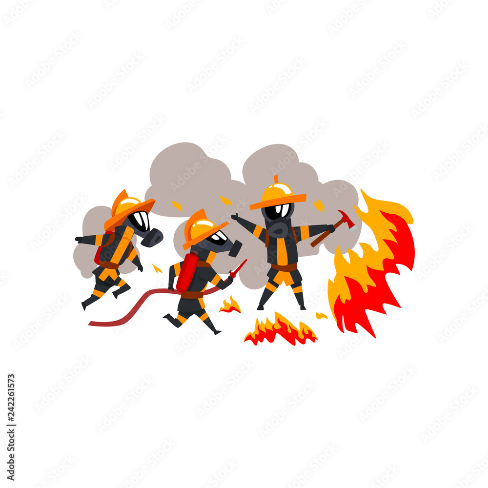 Firemen extinguishing fire with firefighting equipment, firefighter characters in uniform vector Illustration on a white background