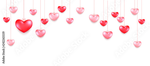 Hanging hearts. Valentines day greeting card design in 3d style on white background. Isolated objects for celebration decoration design.