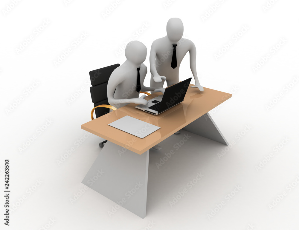 3d two man in office working on laptop.