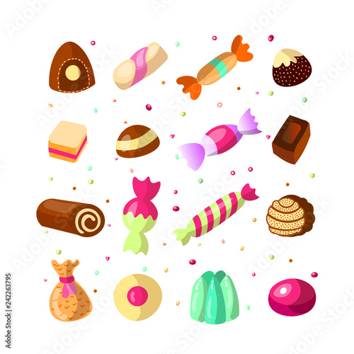 Sweet cartoon candy set. Collection of sweets, cartoon style. Jelly, candy, cakes, sweet donut and marmelade. Huge set of cartoon doodle form candies and sweets. Lollipop, cotton, donut and striped